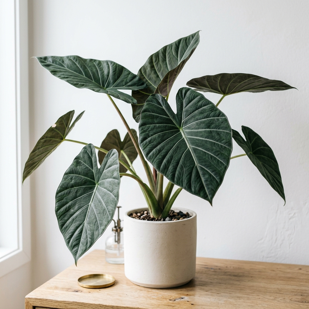 Un gros plan d'une feuille de Ficus Audrey sur un fond de mur blanc minimaliste
