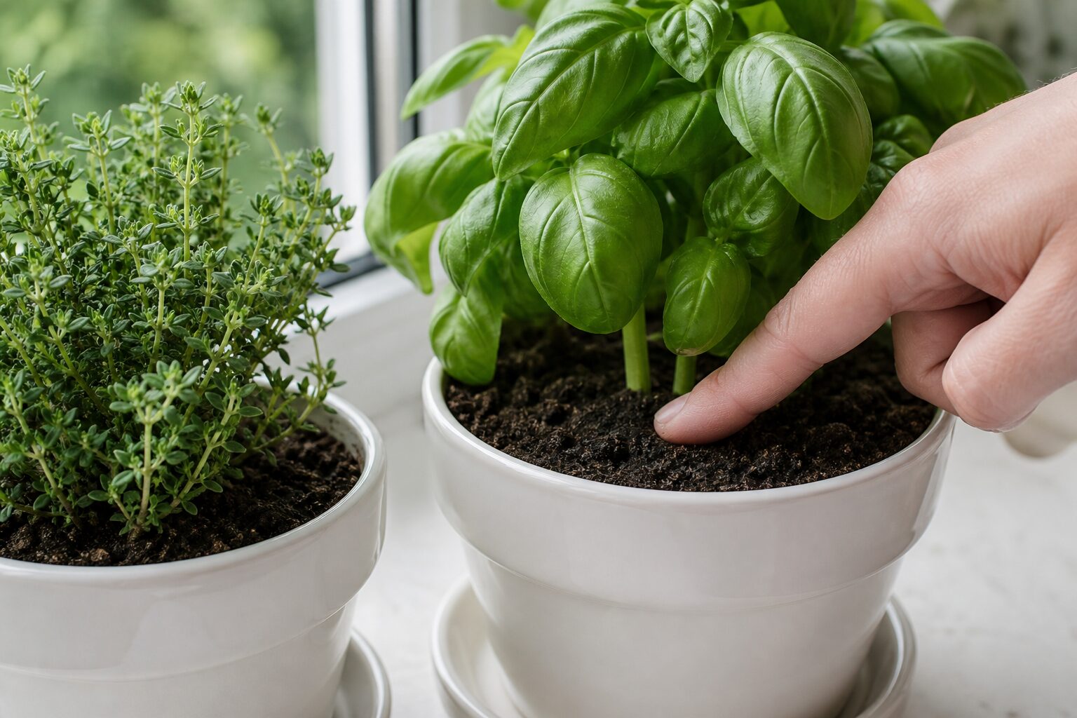 Vérification de l’humidité du terreau entre un basilic et un thym en pot