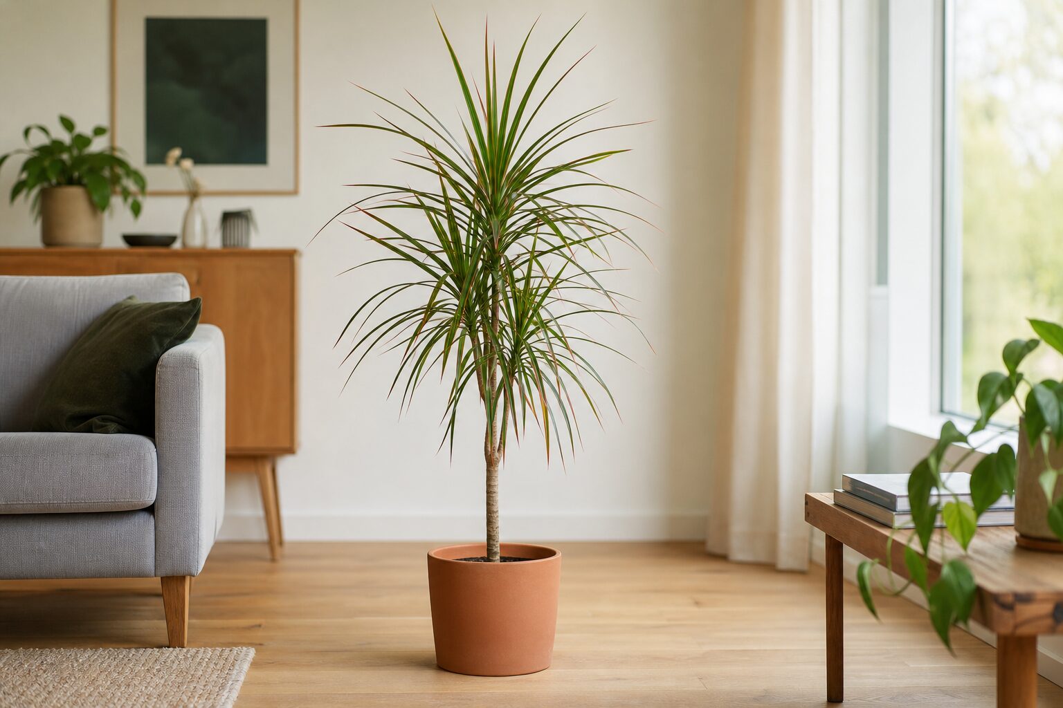 Dracaena marginata en pot placé dans une pièce lumineuse, à distance d’une fenêtre
