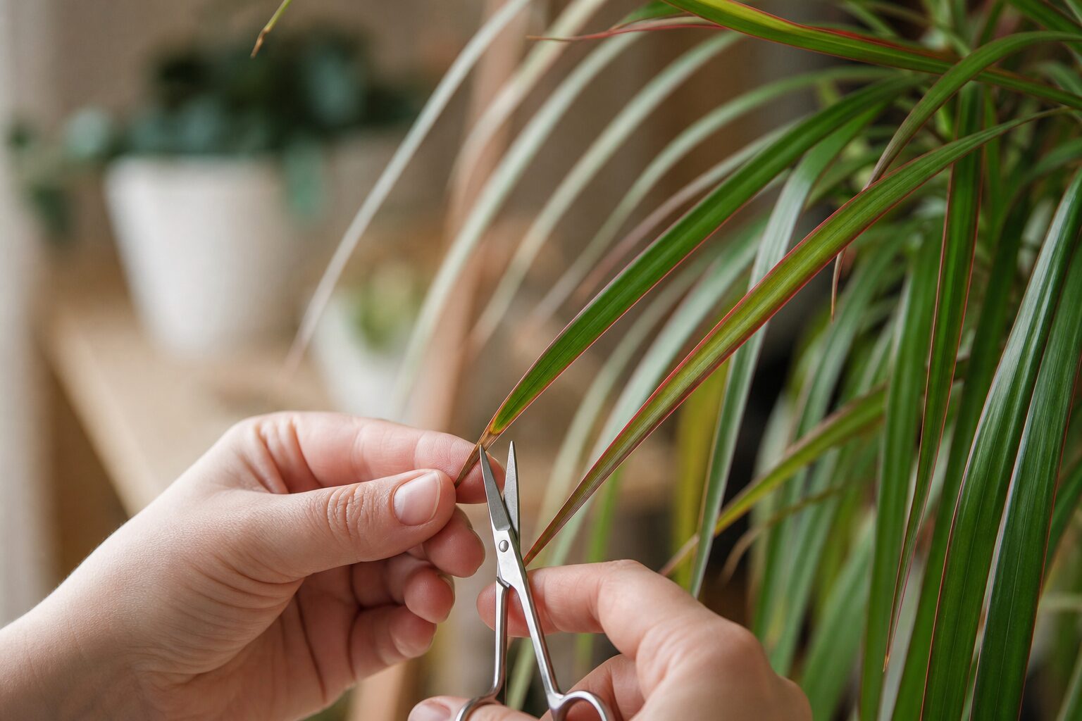 Taille légère d’une pointe brune sur une feuille de dracaena avec des ciseaux propres