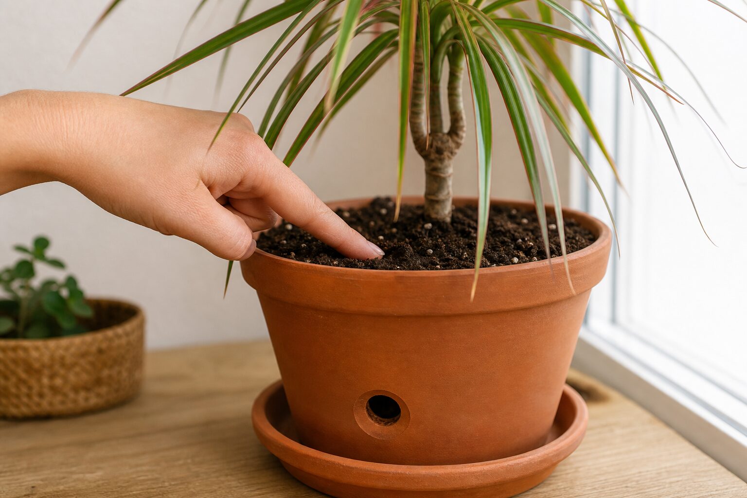Vérification de l’humidité du terreau d’un dracaena avant arrosage