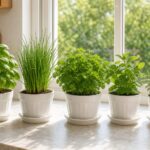 Basilic, ciboulette, persil, menthe et thym dans des pots sur un rebord de fenêtre de cuisine
