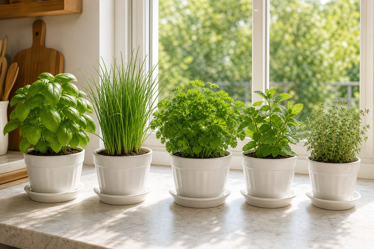 Basilic, ciboulette, persil, menthe et thym dans des pots sur un rebord de fenêtre de cuisine
