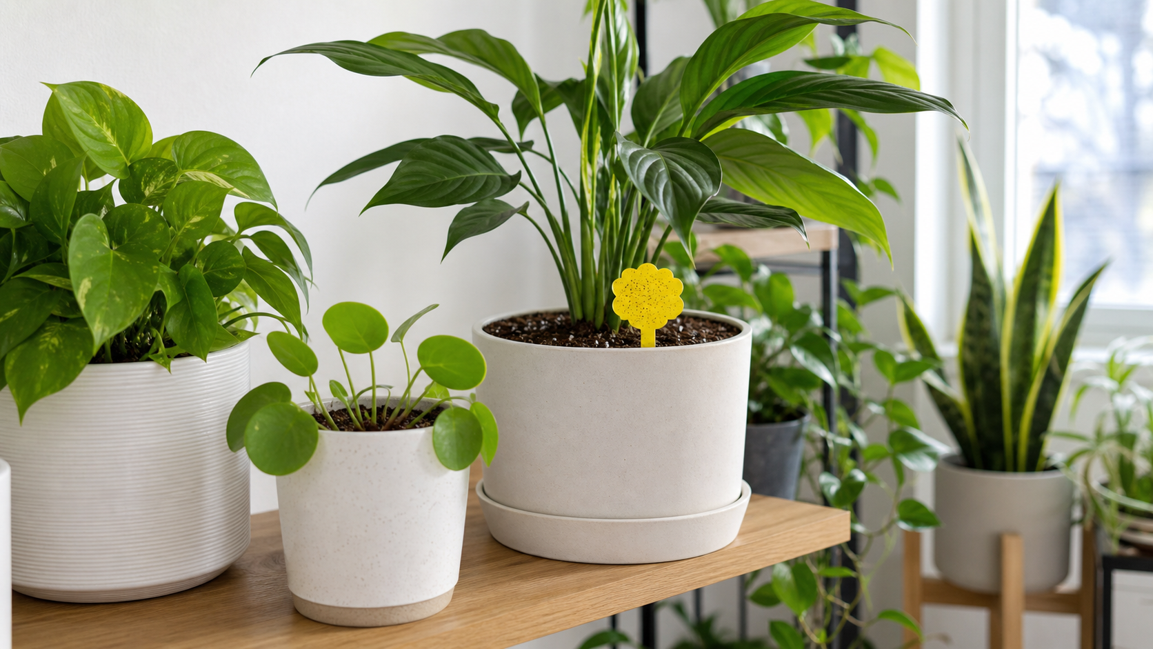 Moucherons du terreau trait?s avec un pi?ge jaune dans un pot de plante d'int?rieur.