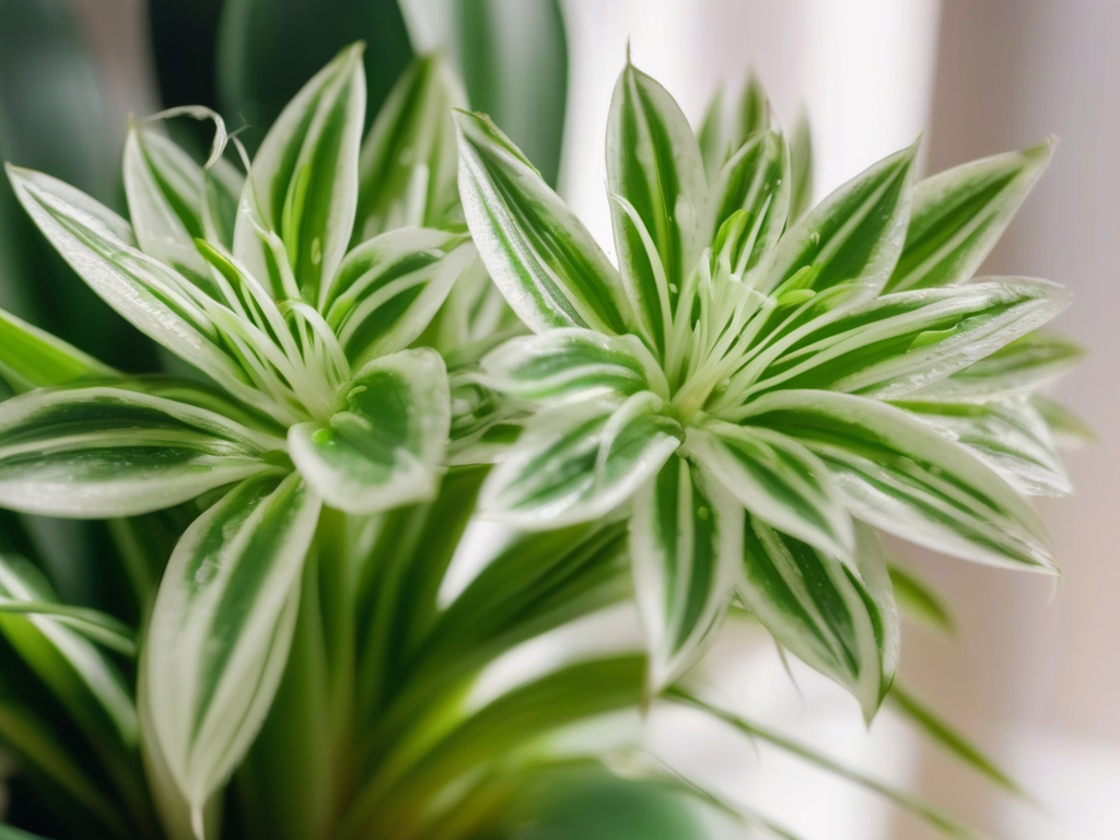 Gros plan sur les fleurs vertes d'un Chlorophytum comosum avec leurs pétales délicats blanc-vert