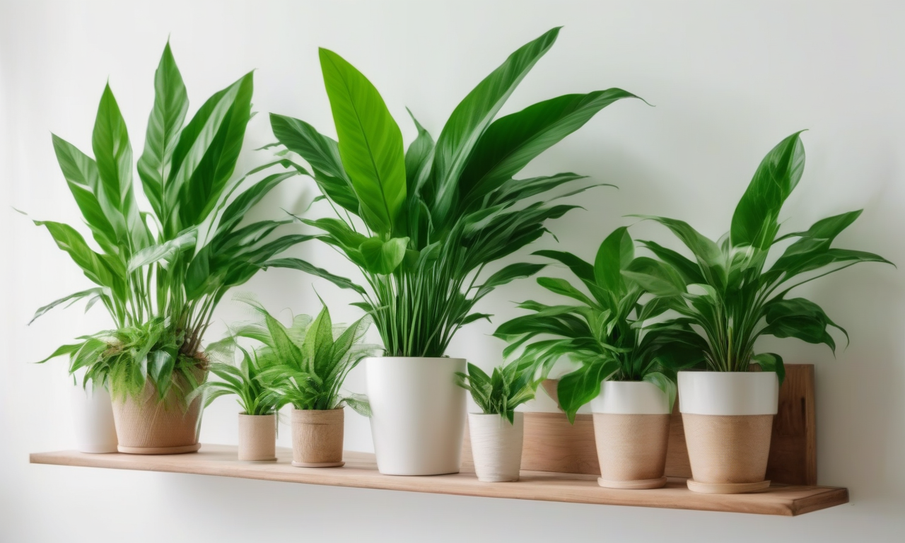 Collection de plantes à fleurs vertes disposées sur une étagère dans un intérieur moderne