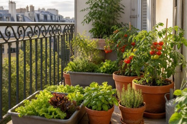 Potager de balcon pour débutant avec tomates, laitues et herbes en pots