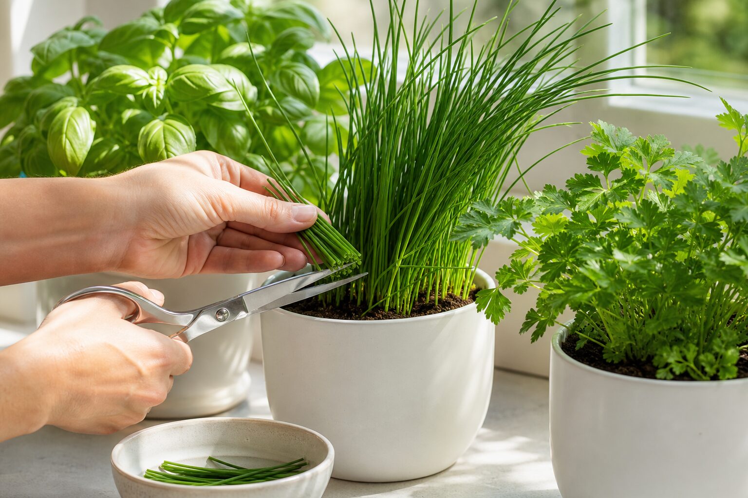 Récolte de ciboulette fraîche aux ciseaux à côté de basilic et de persil