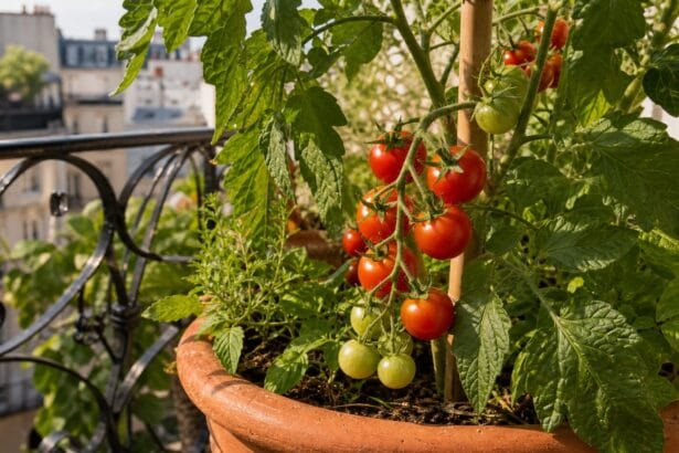 Tomates cerises cultivées en pot sur un balcon
