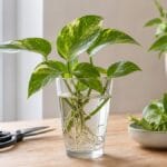 Bouturage de pothos dans l'eau : jeunes racines blanches dans un verre transparent