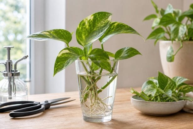 Propagation du pothos : tiges coupées racinant dans un verre d'eau près d'une fenêtre