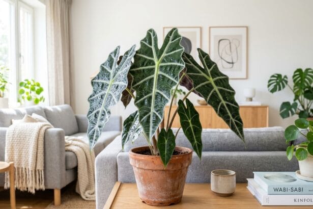 Alocasia Polly feuillage et brumisation de soutien