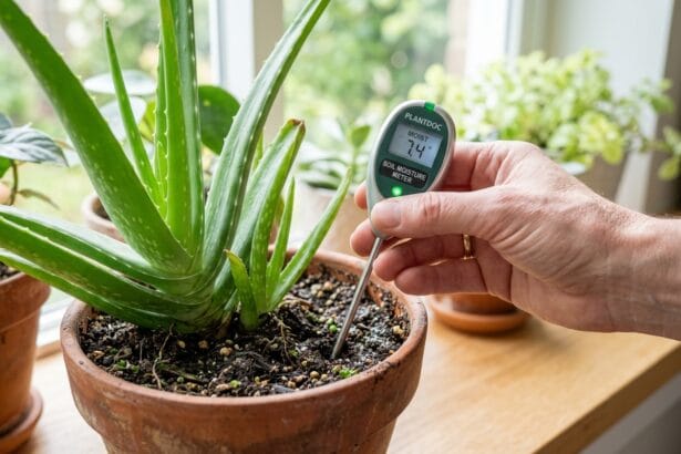 Vérification de l'humidité du terreau d'un aloe vera avant arrosage