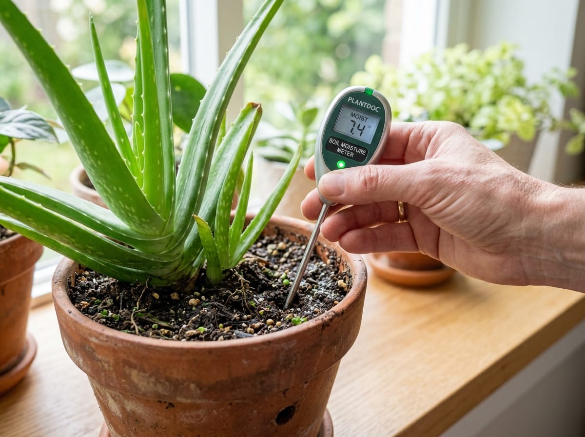 Vérification de l'humidité du terreau d'un aloe vera avant arrosage