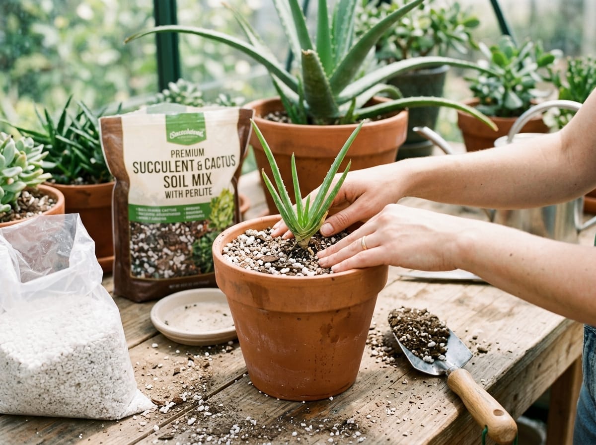 Rempotage d'un aloe vera dans un pot en terre cuite avec du terreau drainant