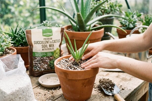 Rempotage d'un aloe vera dans un pot en terre cuite avec du terreau drainant