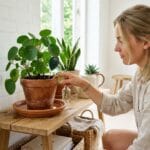 Bassinage d'une plante d'intérieur dans un bac d'eau tiède en été