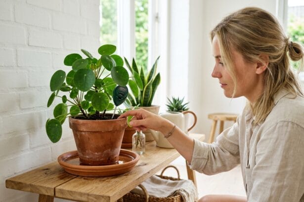 Bassinage d'une plante d'intérieur dans un bac d'eau tiède en été