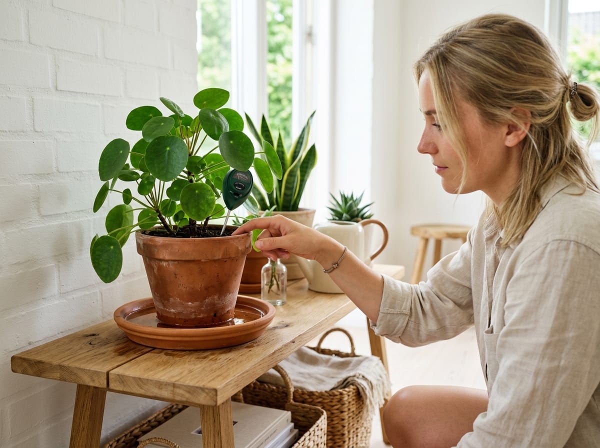 Bassinage d'une plante d'intérieur dans un bac d'eau tiède en été