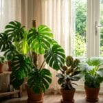 Plantes d'intérieur protégées du soleil direct par un voilage pendant la canicule