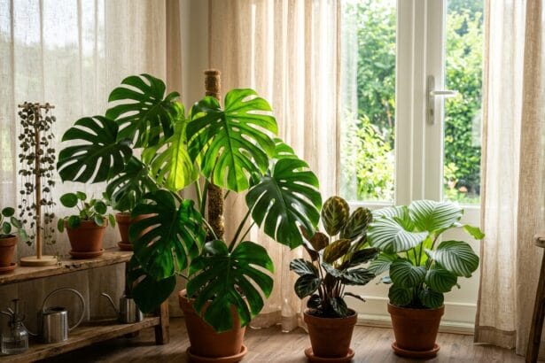 Plantes d'intérieur protégées du soleil direct par un voilage pendant la canicule