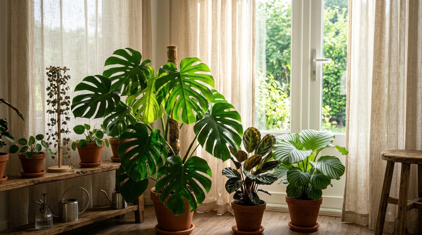 Plantes d'intérieur protégées du soleil direct par un voilage pendant la canicule
