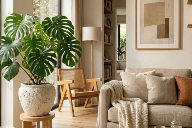 Coin plantes avec Monstera dans un petit salon