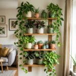 Étagère murale en bois accueillant des plantes suspendues retombantes