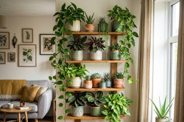 Étagère murale en bois accueillant des plantes suspendues retombantes