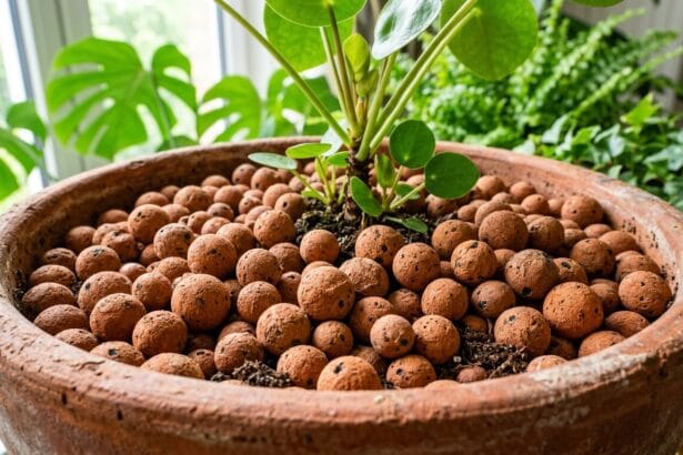 Couche de billes d'argile drainage pot au fond d'un pot en terre cuite