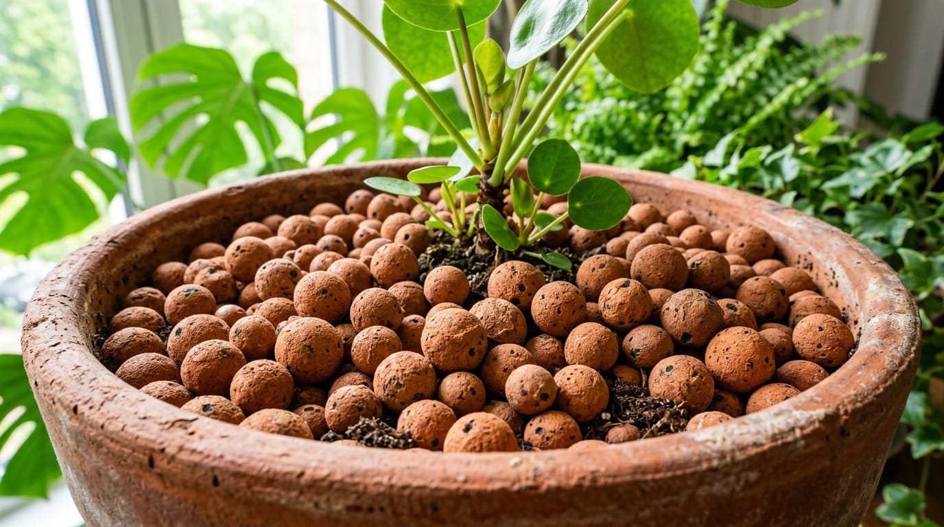 Couche de billes d'argile drainage pot au fond d'un pot en terre cuite
