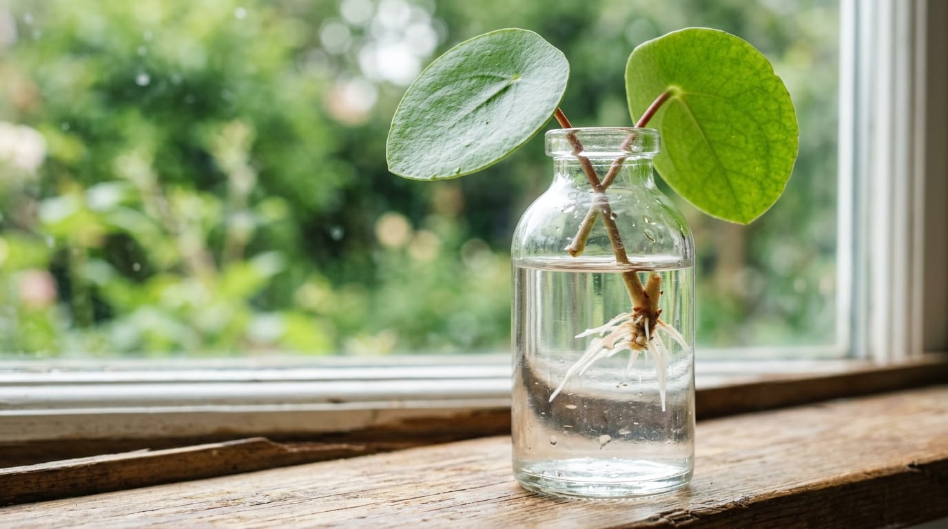 Bouture de pilea peperomioides racinée dans un flacon en verre transparent