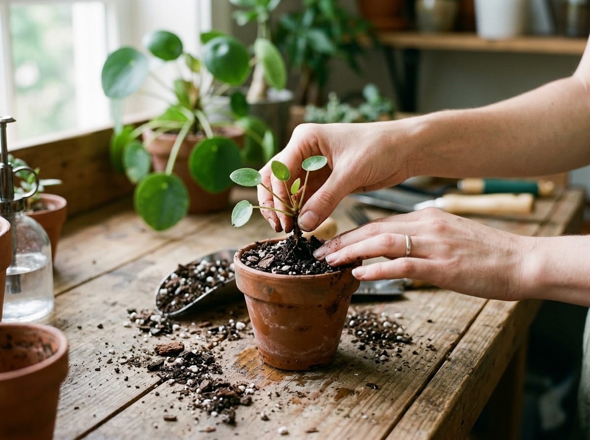 Action de faire une bouture pilea peperomioides et plantation en pot