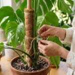 Fixation de la tige d'une Monstera molle sur un tuteur en fibre de coco