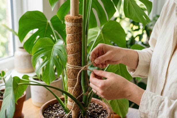Fixation de la tige d'une Monstera molle sur un tuteur en fibre de coco