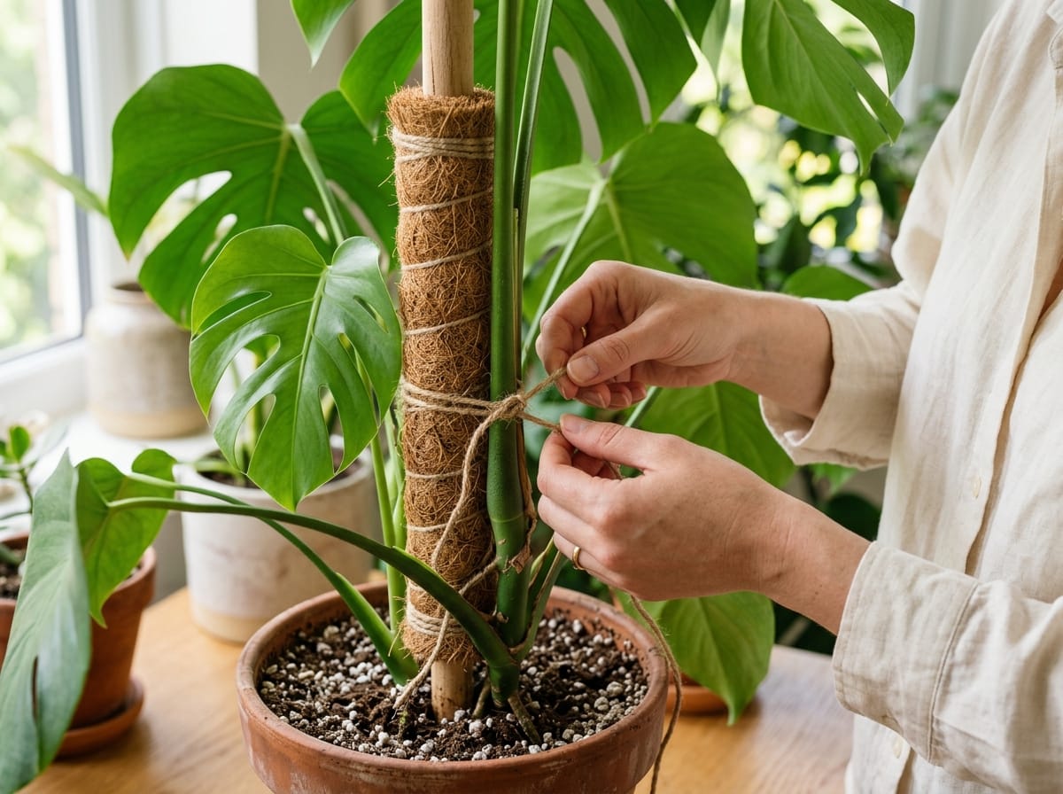 Fixation de la tige d'une Monstera molle sur un tuteur en fibre de coco