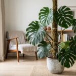 Monstera deliciosa saine avec des tiges droites sur un tuteur de mousse