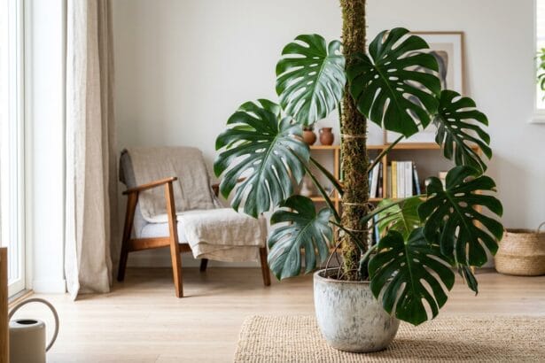 Monstera deliciosa saine avec des tiges droites sur un tuteur de mousse