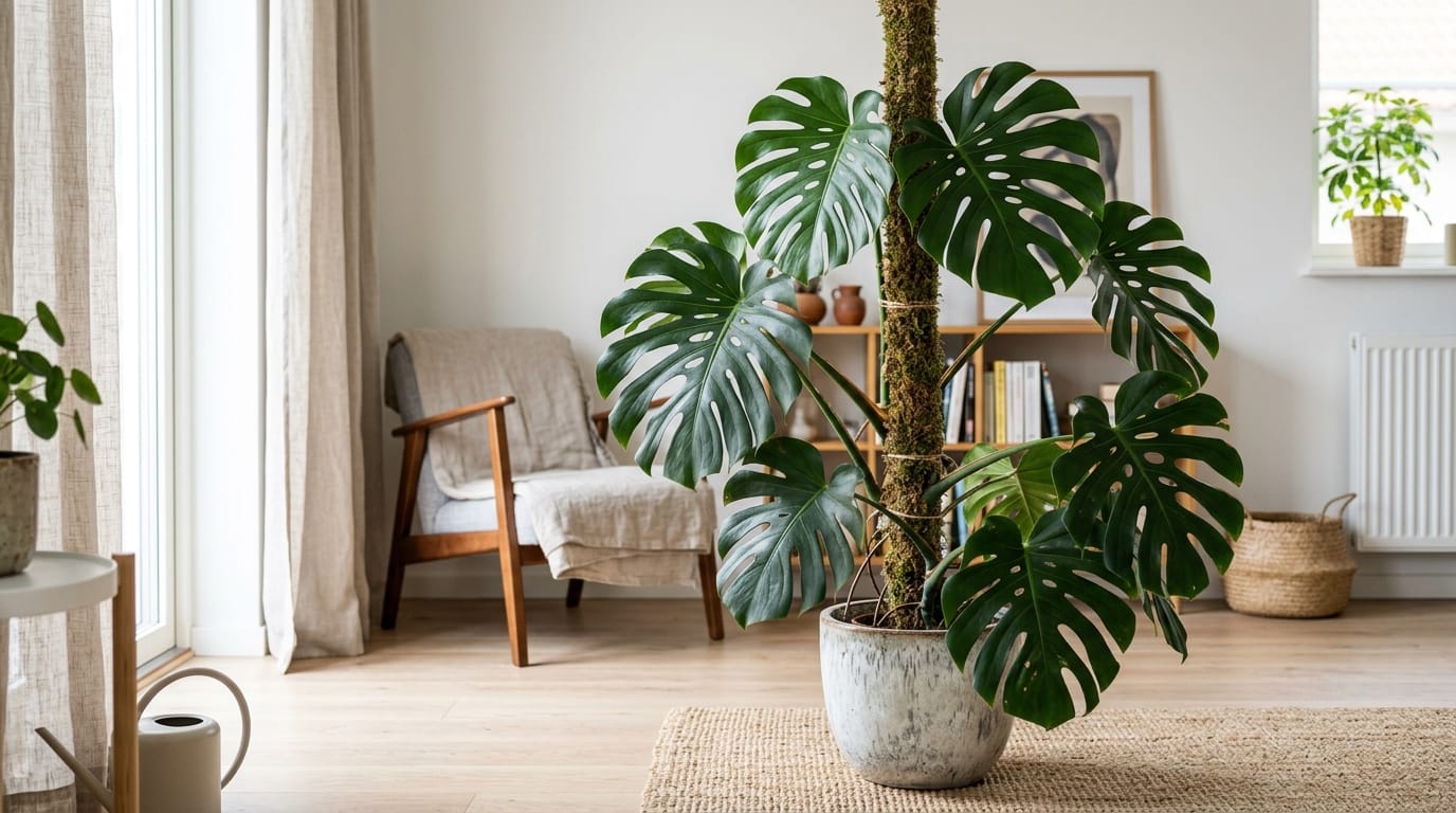 Monstera deliciosa saine avec des tiges droites sur un tuteur de mousse