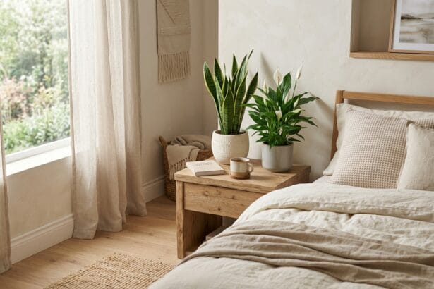 Chambre a coucher apaisante avec des plantes d'interieur dépolluantes sur la table de chevet