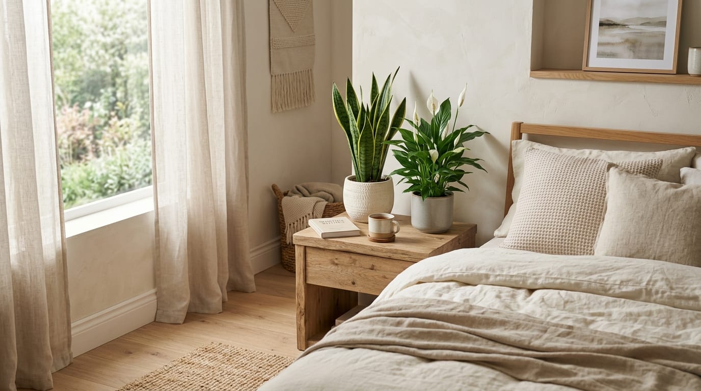 Chambre a coucher apaisante avec des plantes d'interieur dépolluantes sur la table de chevet