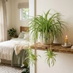 Chlorophytum plante araignee posee sur une etagere dans une chambre a coucher