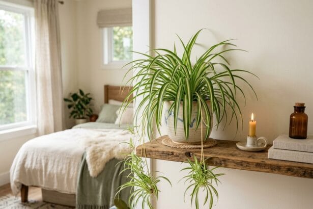 Chlorophytum plante araignee posee sur une etagere dans une chambre a coucher