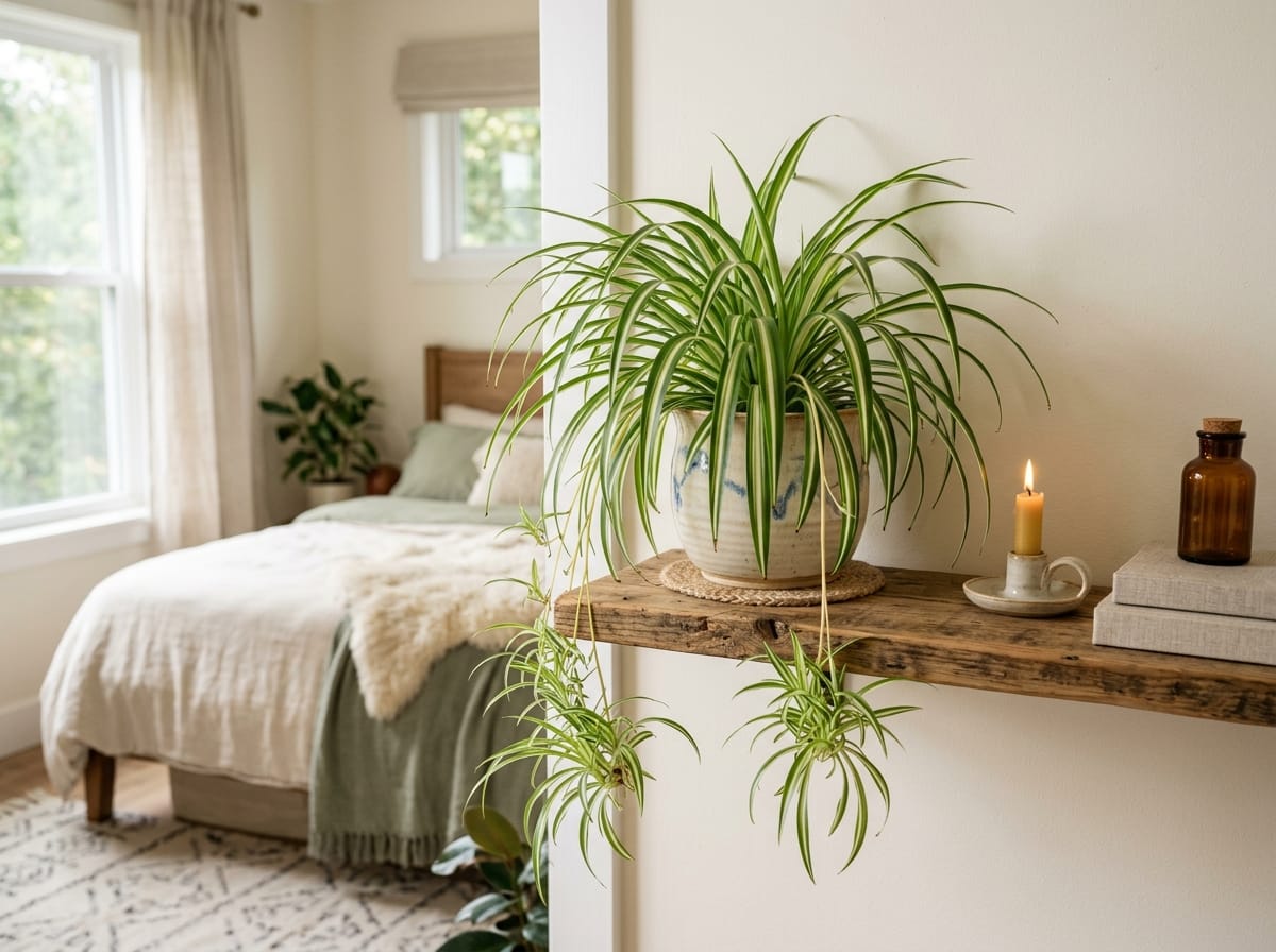 Chlorophytum plante araignee posee sur une etagere dans une chambre a coucher