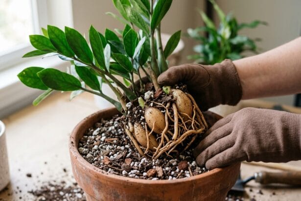 Rempotage des rhizomes d'un Zamioculcas dans un terreau drainant
