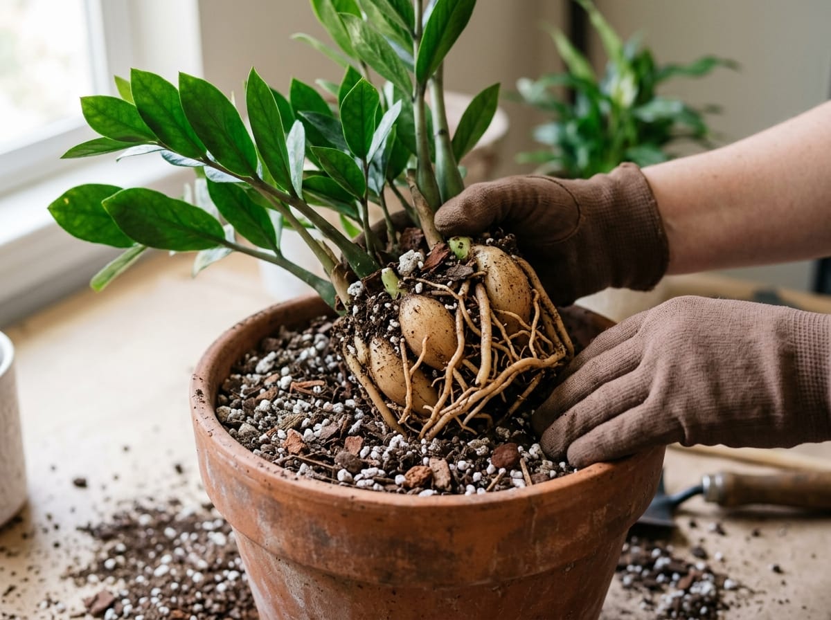 Rempotage des rhizomes d'un Zamioculcas dans un terreau drainant