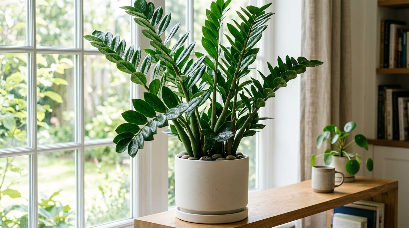 Zamioculcas ZZ plant en pot avec des tiges fermes et brillantes