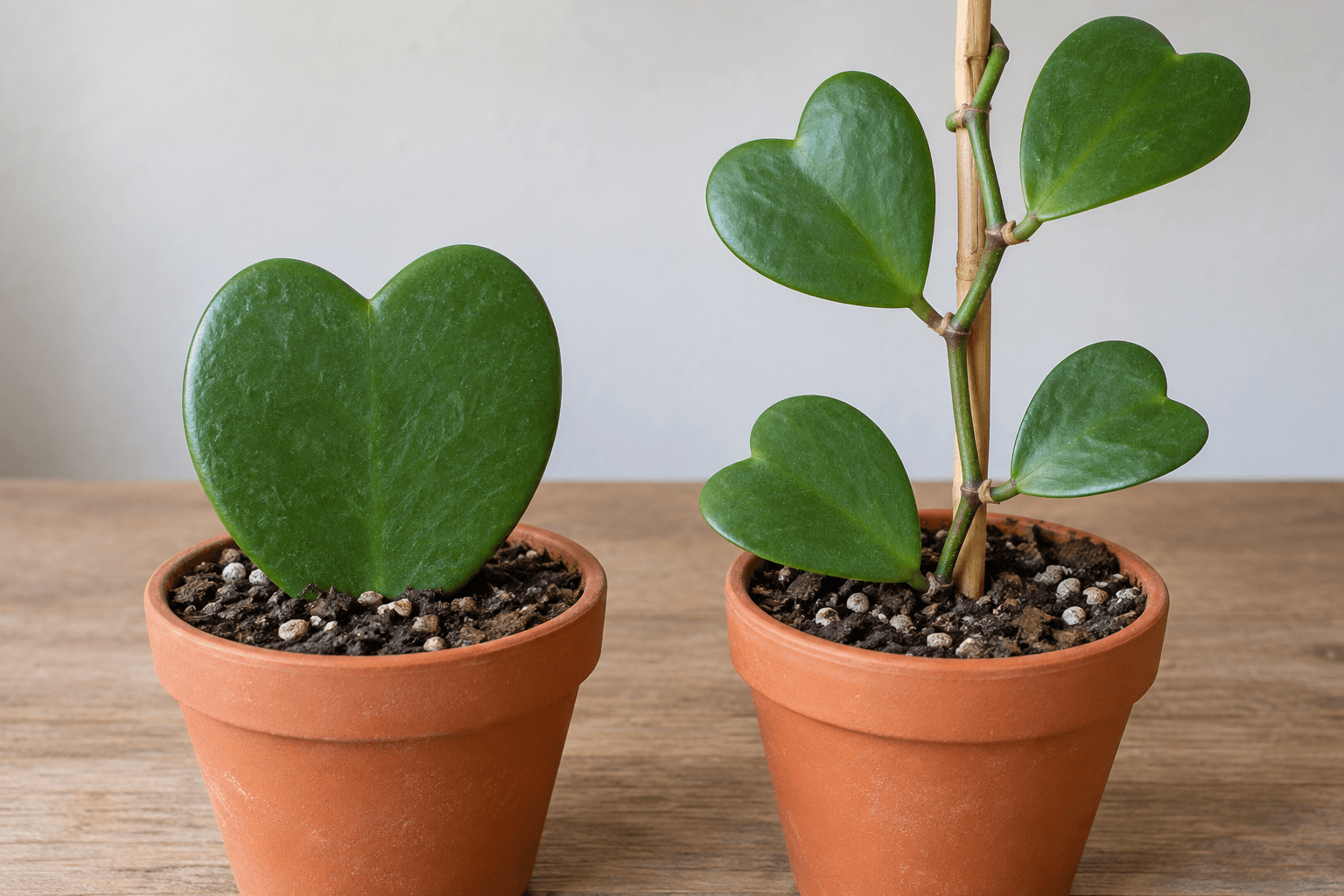 Une feuille cœur isolée à côté d’un jeune Hoya kerrii avec tige et plusieurs feuilles