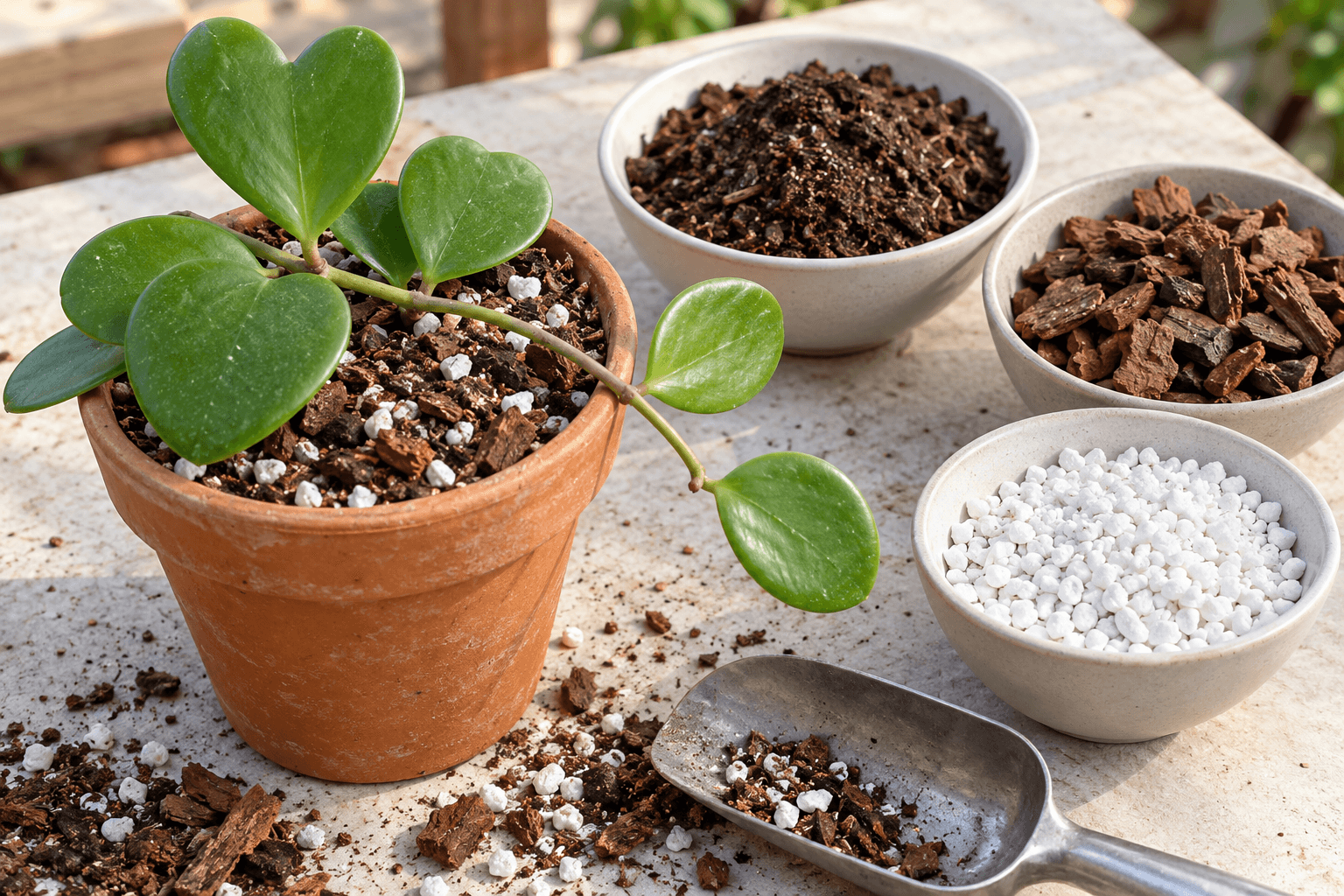 Hoya kerrii dans un mélange aéré, avec terreau, écorces horticoles et perlite