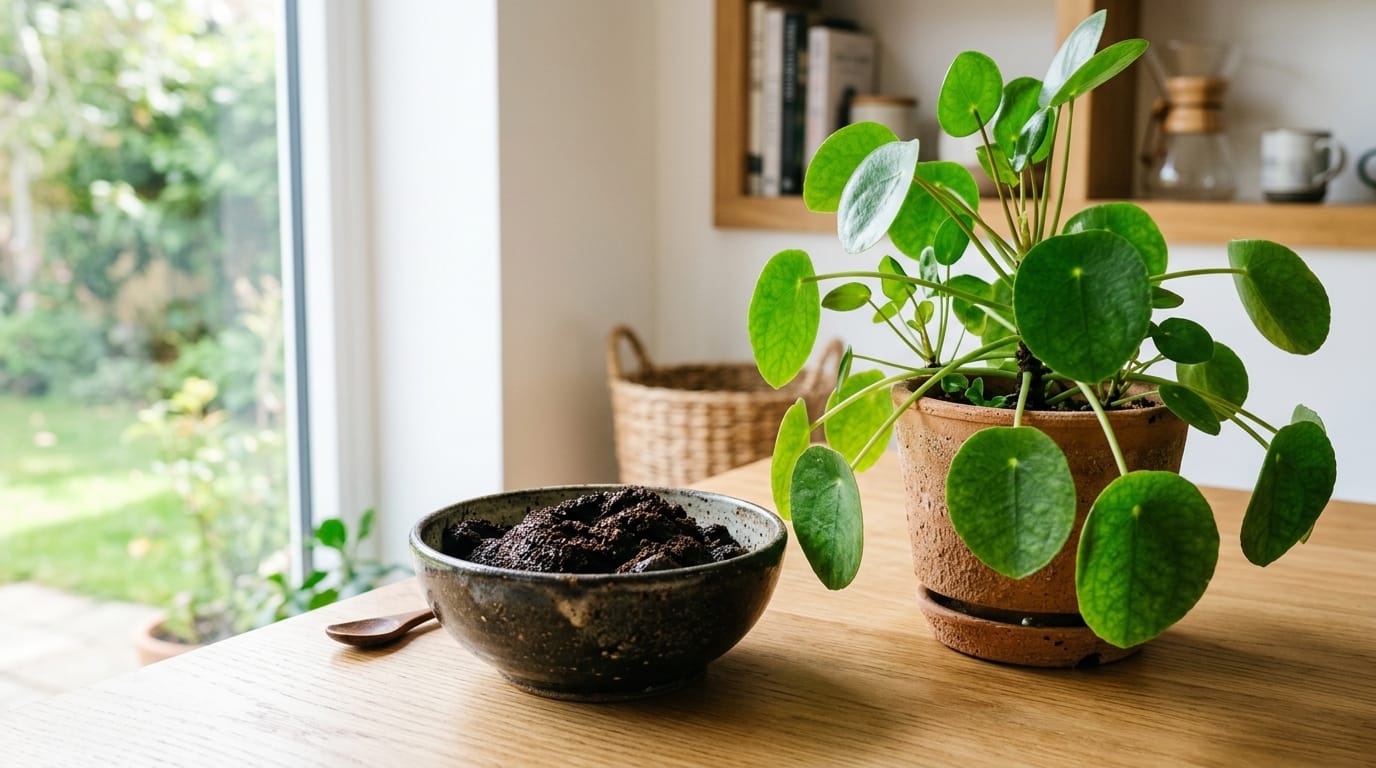 Marc de café utilisé comme engrais naturel pour plantes d’intérieur dans un bol en céramique